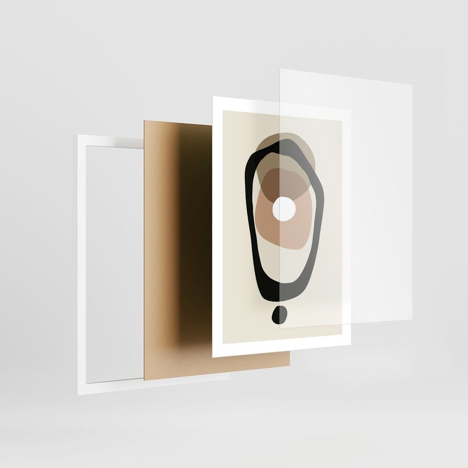 Plakat w ramie 50x70 - Intrygujące Zaskoczenia - beżowa abstrakcyjna kompozycja, czarny akcent - rama biała