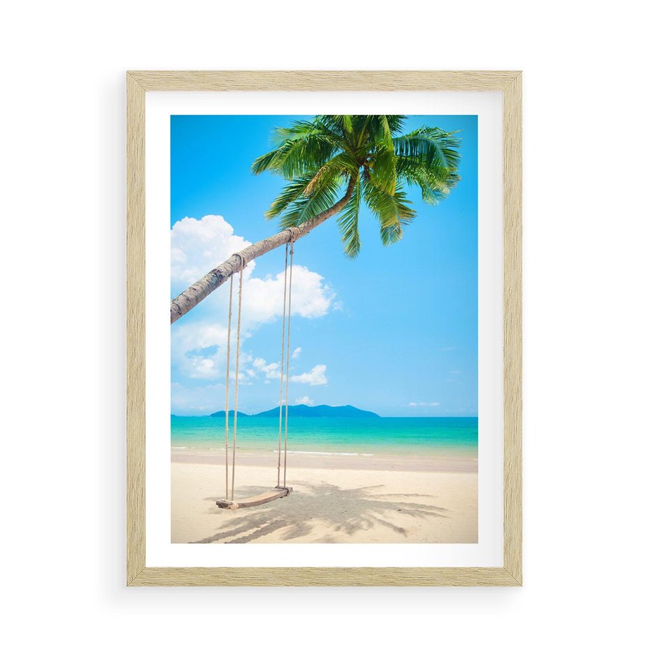 Plakat w ramie 50x70 - Hawajska palma i huśtawka na plaży - palma, huśtawka - rama drewno