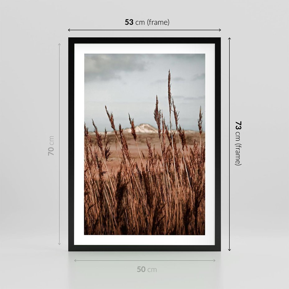 Plakat w ramie 50x70 - Wysokie Trawy w Górskim Krajobrazie - suche trawy, wysokie trawy - rama czarna