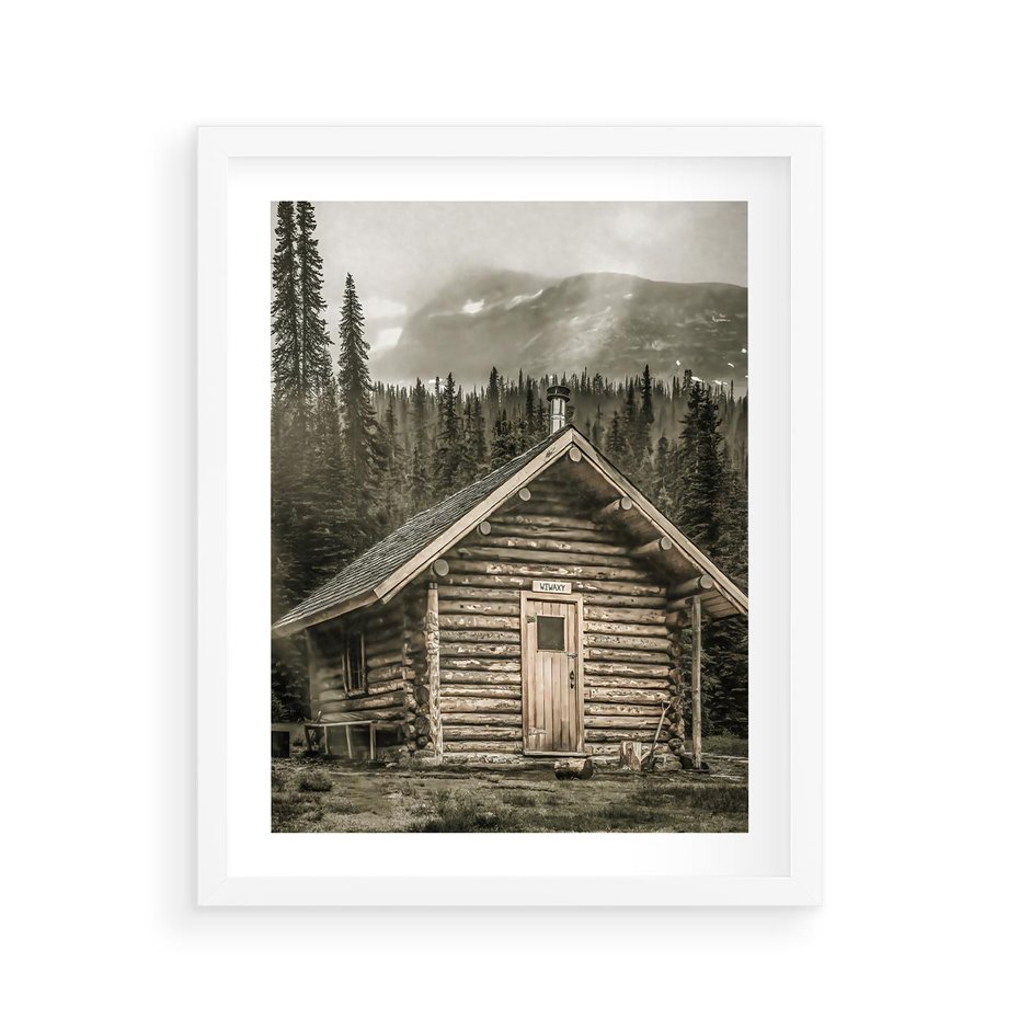 Plakat w ramie 40x50 - Urok Drewnianej Chatki w Górach - chatka w górach, drewniany domek - rama biała