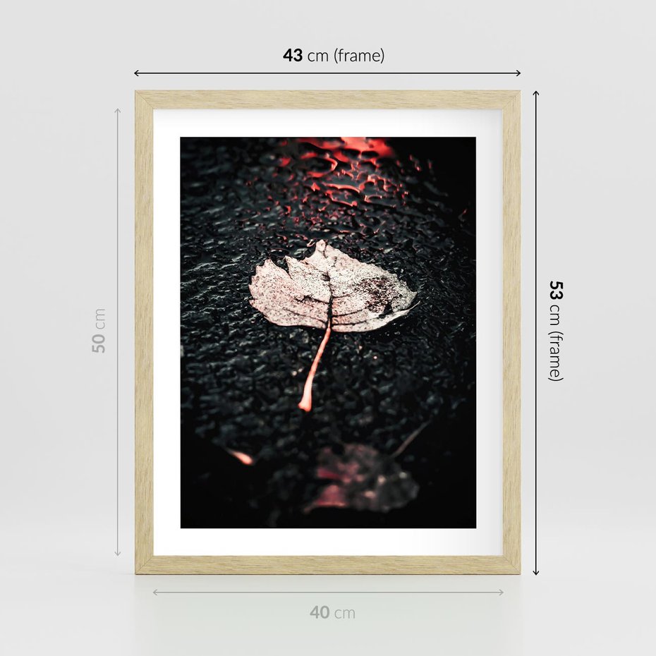 Plakat w ramie 40x50 - Jesień w Detalu: Liść na Mokrej Drodze - liść, jesień - rama drewno