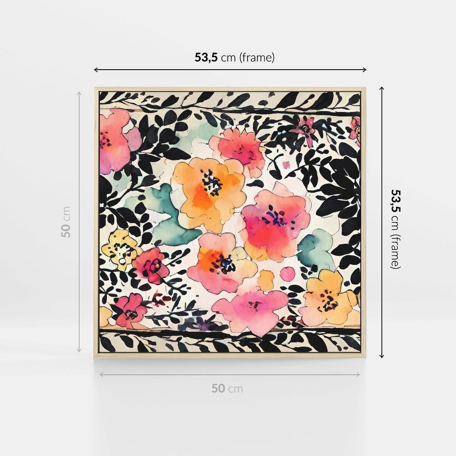 Obraz w ramie 50x50 - Opowieść w kroplach farb - akwarelowe kwiaty, mocna ornamentowa czarna ramka namalowana dookoła obrazu - rama drewno