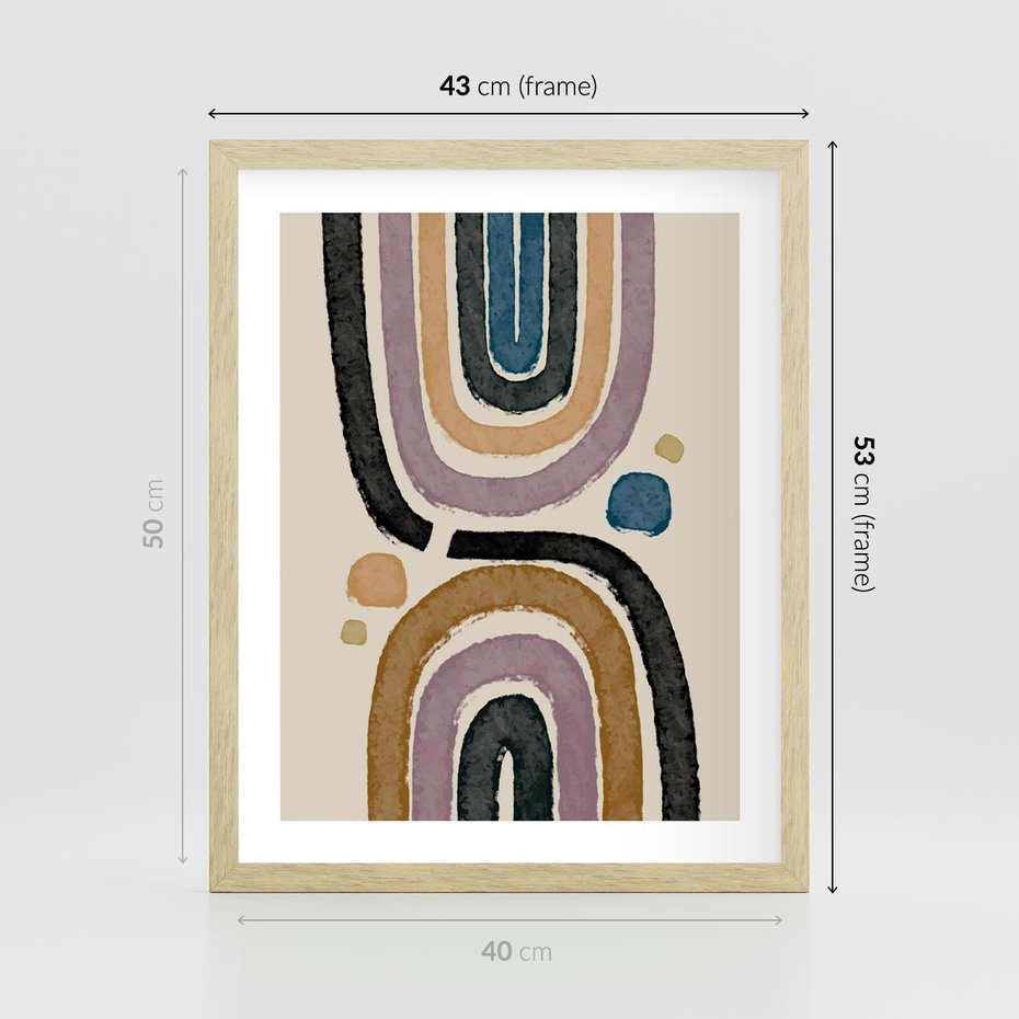 Plakat w ramie 40x50 - Taniec Przenikających Kształtów - abstrakcyjne tęcze, kompozycja - rama drewno