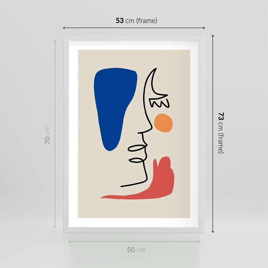 Plakat w ramie 50x70 - Rozbijające Symfonie Form - abstrakcyjny obraz, przypomina twarz - rama biała