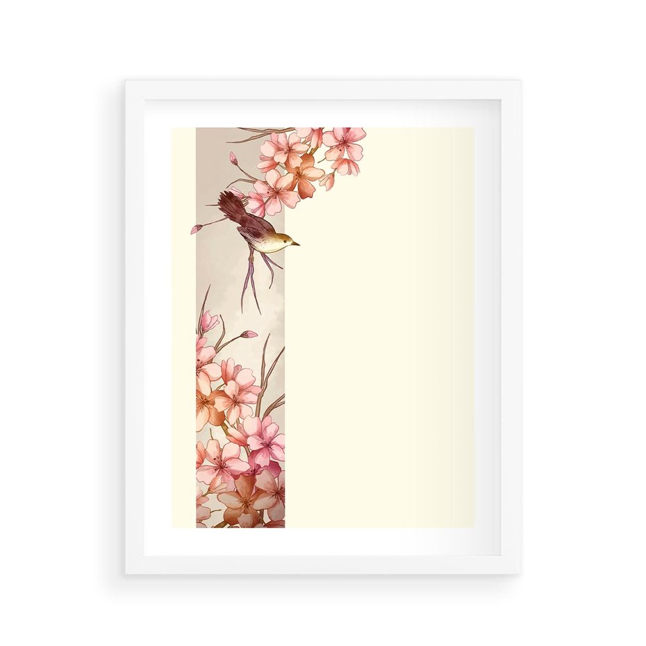 Plakat w ramie 40x50 - Rozkwitające Marzenia - japońska sztuka, ptak - rama biała