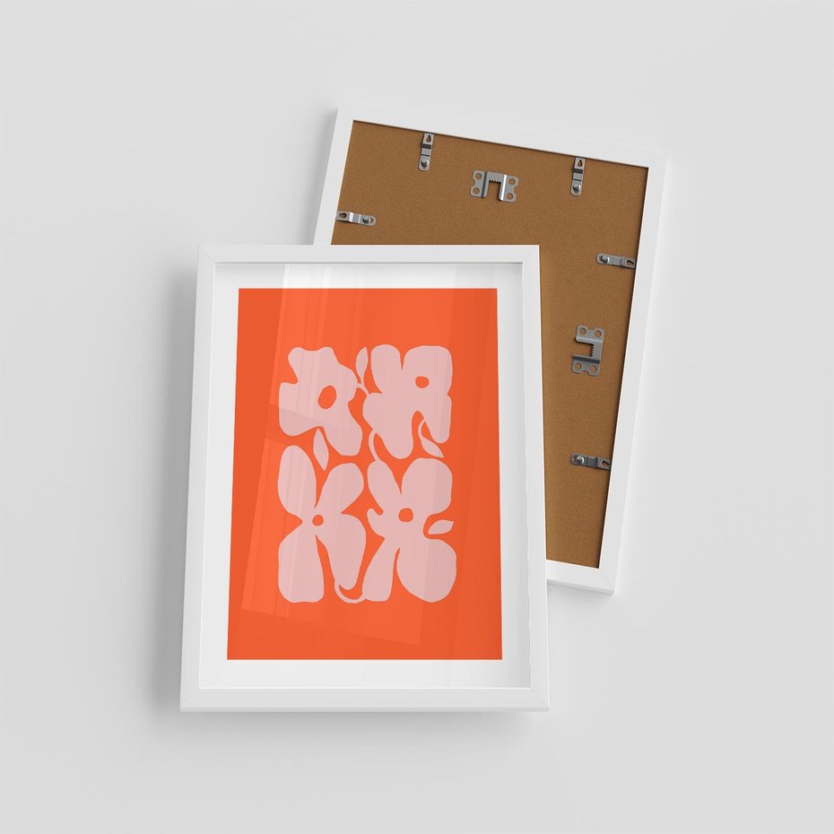 Plakat w ramie 30x40 - Taniec Abstrakcji - kwiaty, energetyczne pomarańczowe tłó - rama biała