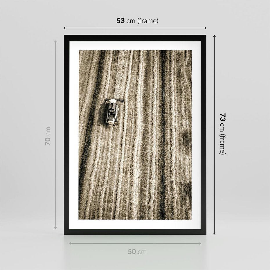 Plakat w ramie 50x70 - Sepia na Polu - kombajn, pole - rama czarna