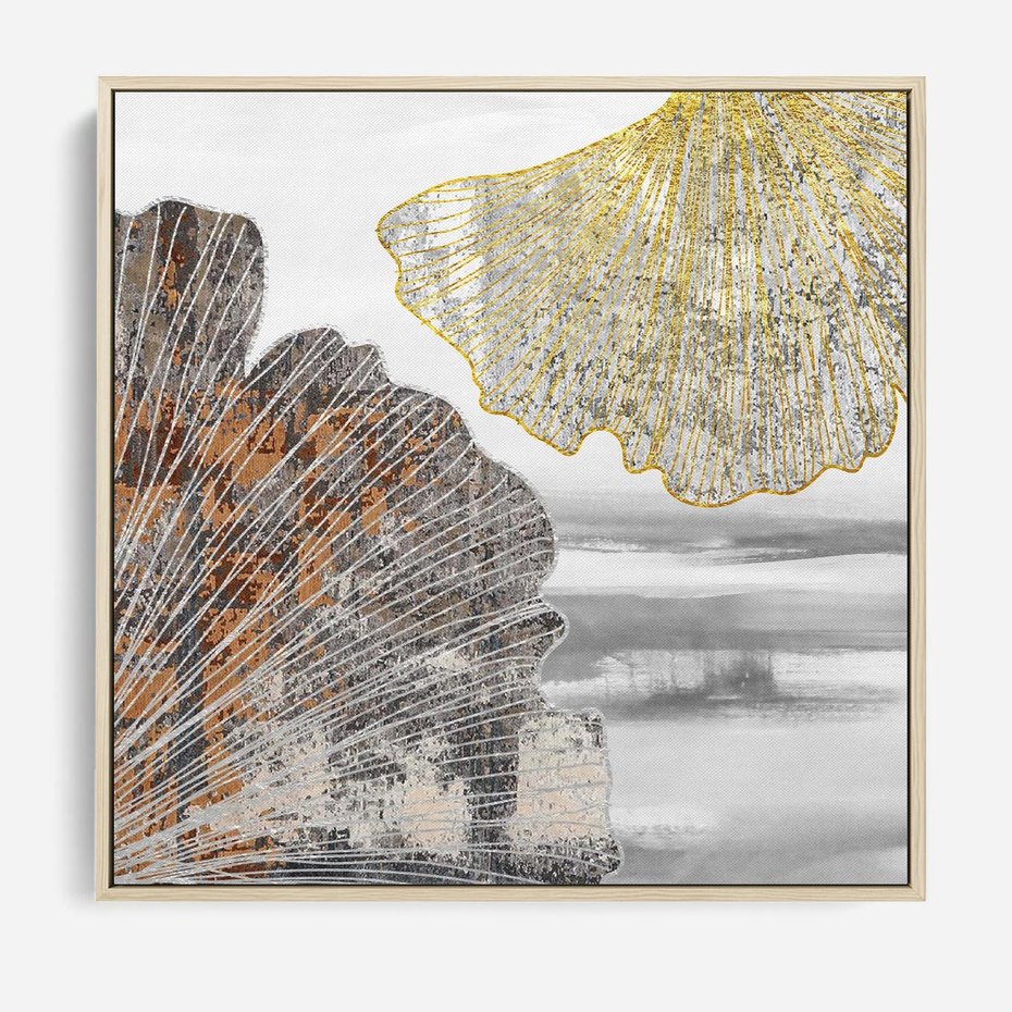 Obraz w ramie 50x50 - Złote liście melancholii - liście miłorzębu, tekstura - rama drewno