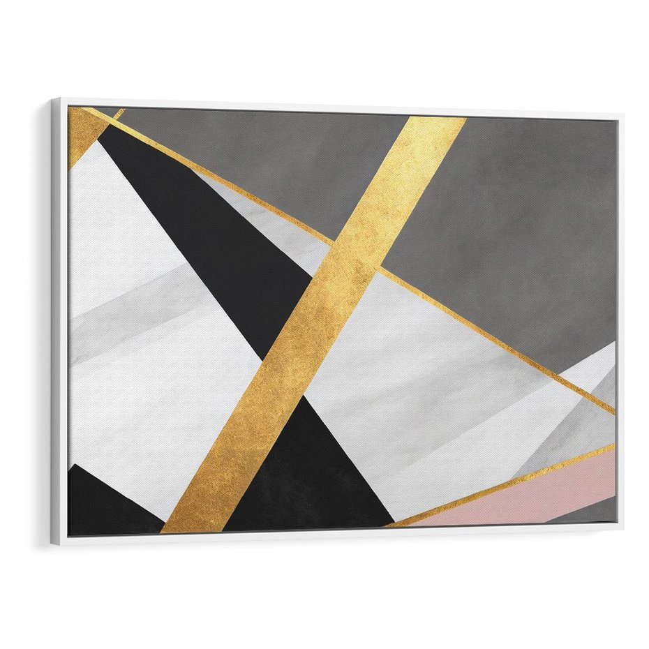 Obraz w ramie 100x70 - Pudrowe Abstrakcyjne Lustra - złote abstrakcyjne linie, szarość - rama biała