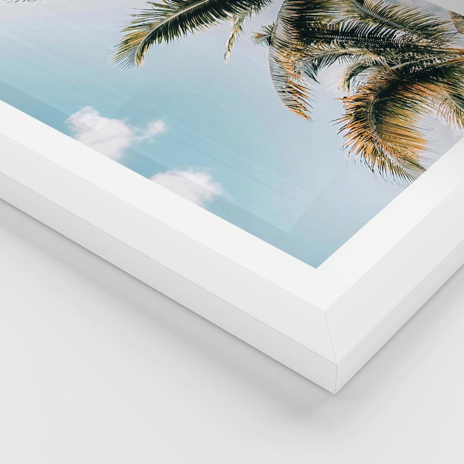 Plakat w ramie 30x40 - Pod Błękitnym Niebem - palmy, ujęcie z dołu - rama biała