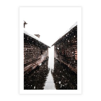 Plakat bez ramy 21x30 - Spadający Śnieg - domek górski, w zimie