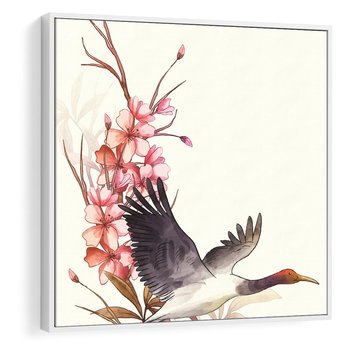 Obraz w ramie 50x50 - Szept Japonii - japońska sztuka, ptak - rama biała