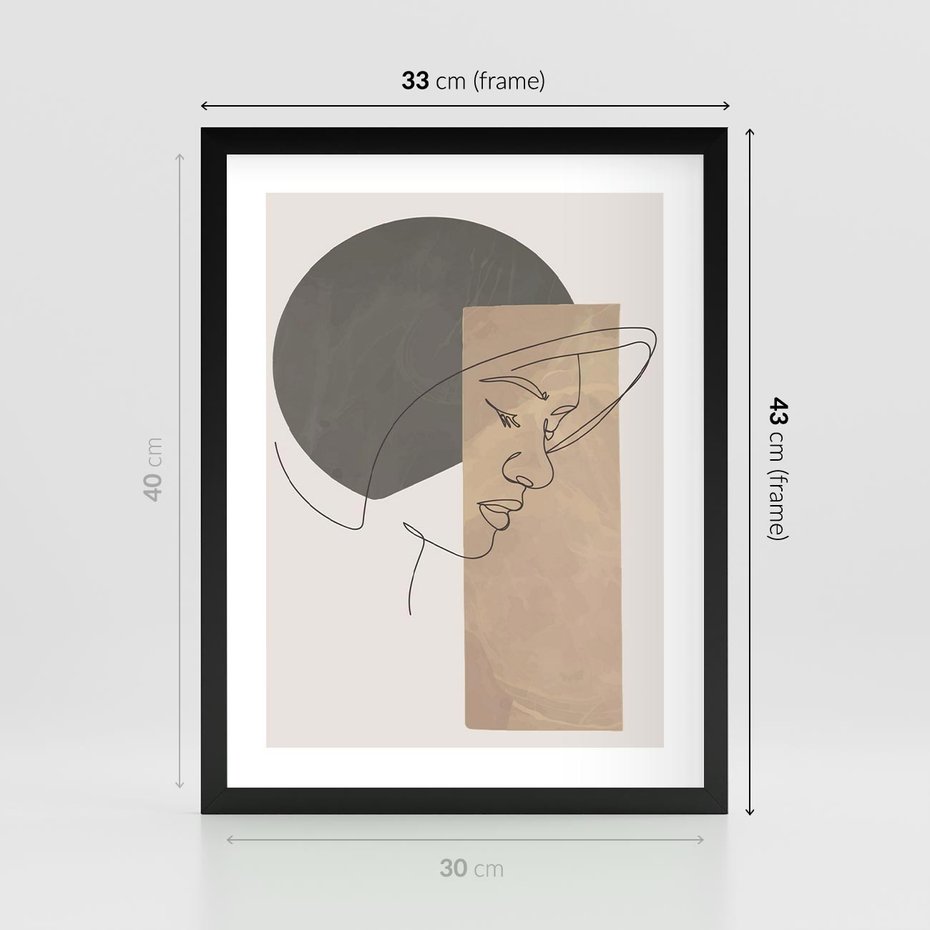 Plakat w ramie 30x40 - Jedną Linią: Kobieca Twarz - abstrakcja, plamy w tle - rama czarna