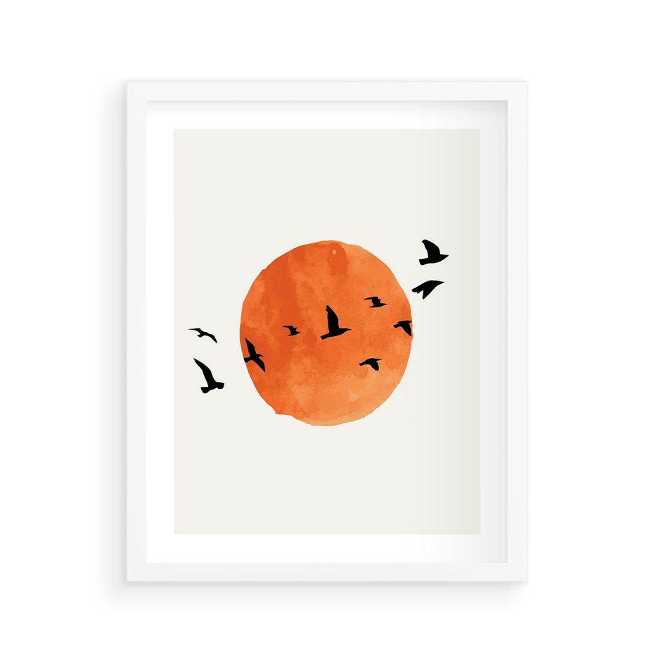 Plakat w ramie 40x50 - Zachód Słońca i Ptaki - grafika akwarela, czarne ptaki na tle zachodu słońca - rama biała
