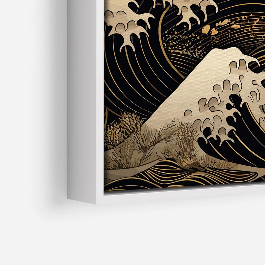 Obraz w ramie 80x80 - Złote Piękno - ciemny obraz, fala morska - rama biała