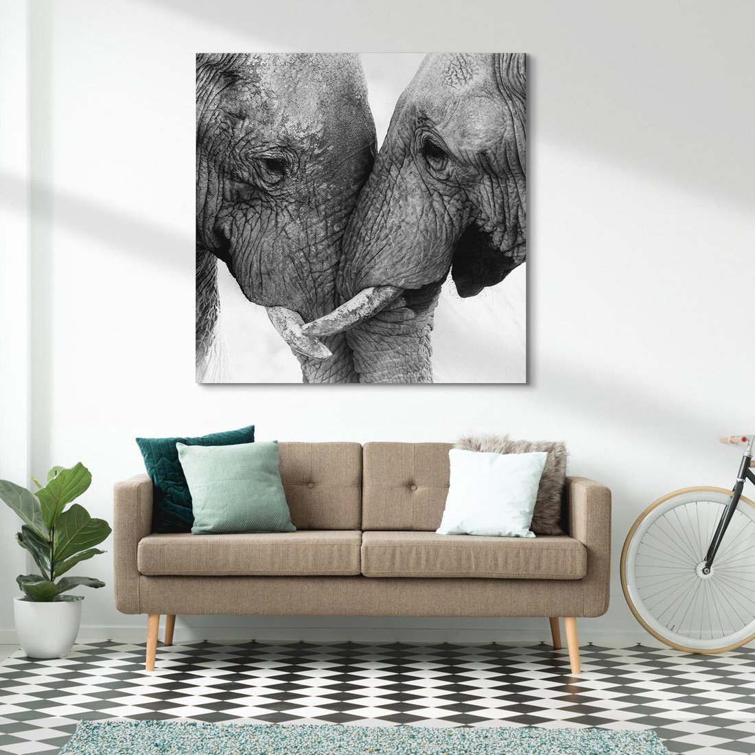 Obraz na płótnie 60x60 - Spotkanie Mądrości - fotografia czarno biała, dwa słonie