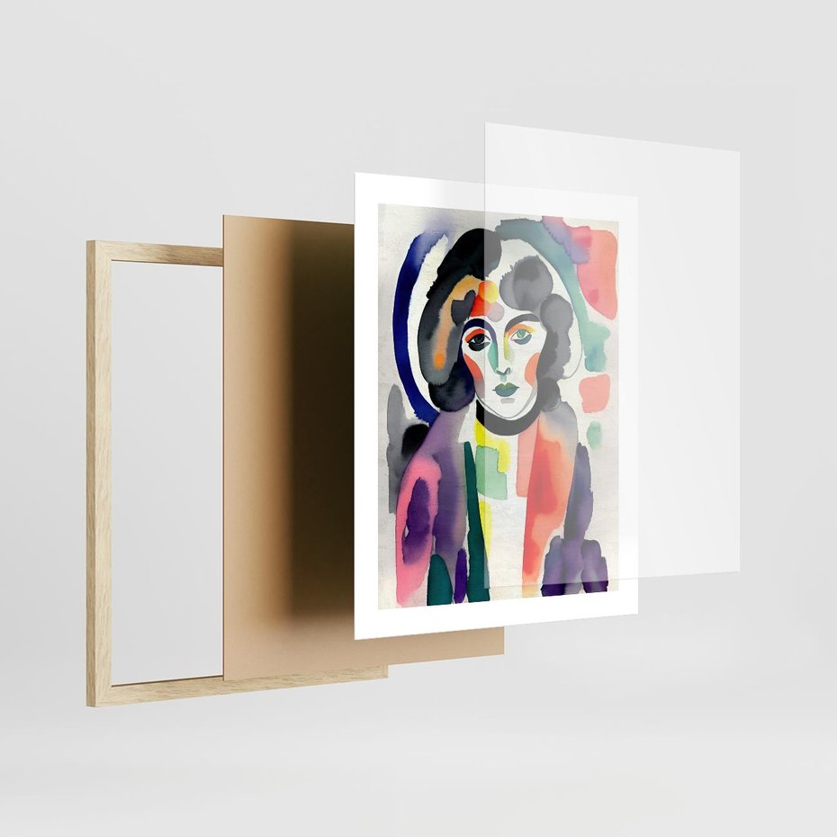 Plakat w ramie 40x50 - Subtelne Akwarelowe Ulotności - abstrakcyjny akwarelowy portret kobiety, rozmyte farby - rama drewno