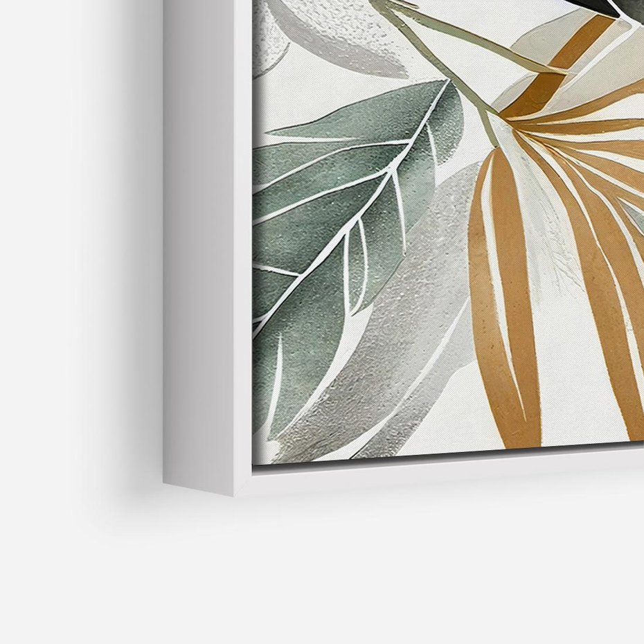 Obraz w ramie 70x50 - Współbrzmienie wewnętrznego ja - kompozycja z tropikalnych liści, stonowane kolory - rama biała