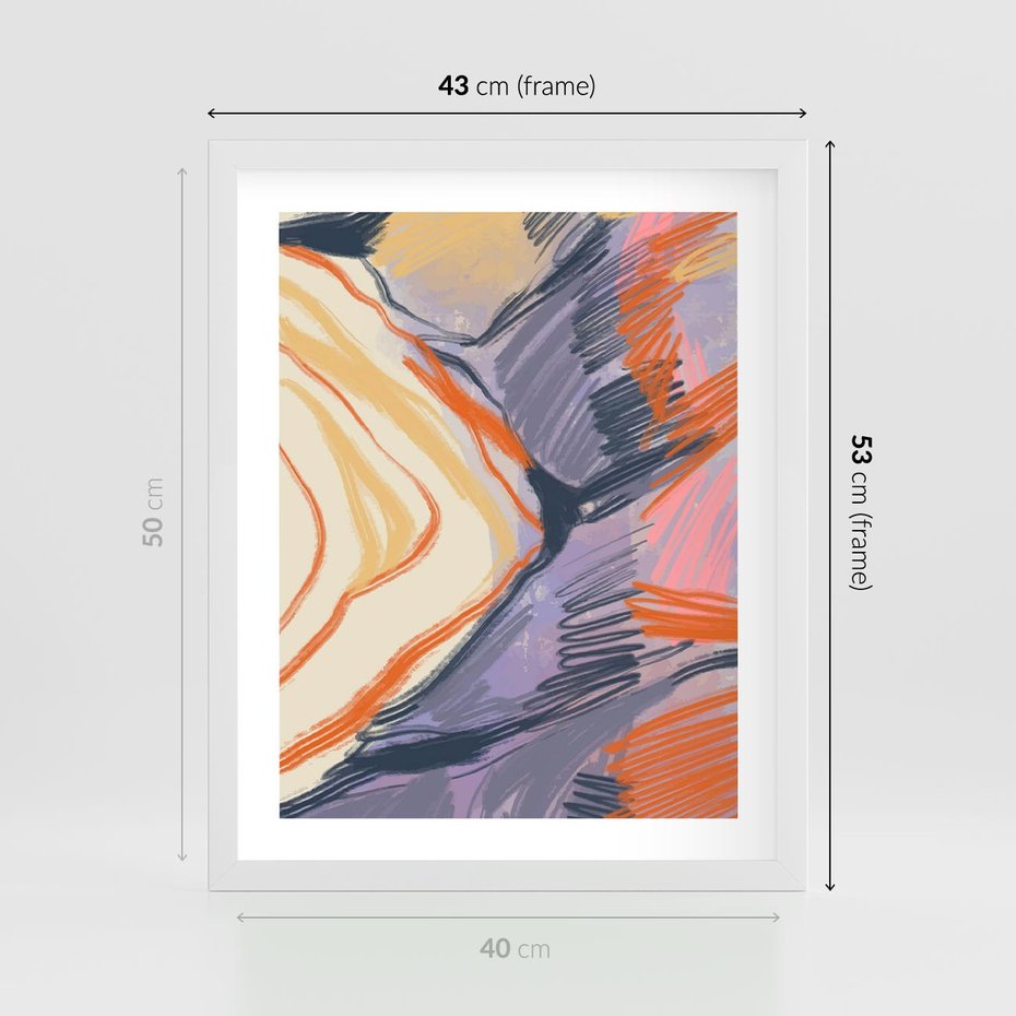Plakat w ramie 40x50 - Pokreślony Świat - abstrakcyjne formy, odcienie pomarańczu i fioletu - rama biała