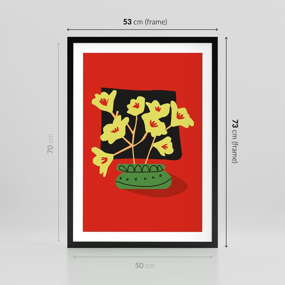 Plakat w ramie 50x70 - Abstrakcyjne Przenikanie - abstrakcyjne kwiaty, czerwone tło - rama czarna