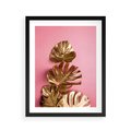 Plakat w ramie 40x50 - Złote Liście Monstery: Delikatność na Różowym Tle - złote liście monstery, różowe tło - rama czarna