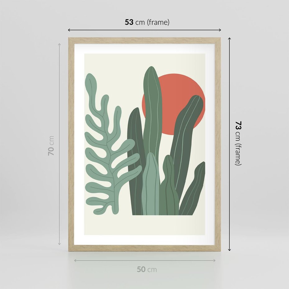 Plakat w ramie 50x70 - Graficzna Harmonia: Liście i Rośliny na Plakacie - liście, grafika - rama drewno