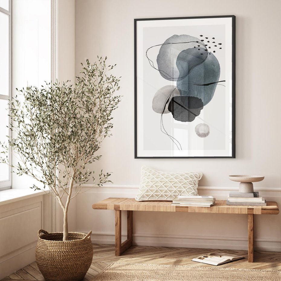 Plakat w ramie 40x50 - Wibracje Kształtów - abstrakcyjne plamy akwarelowe, czarny szkic - rama czarna