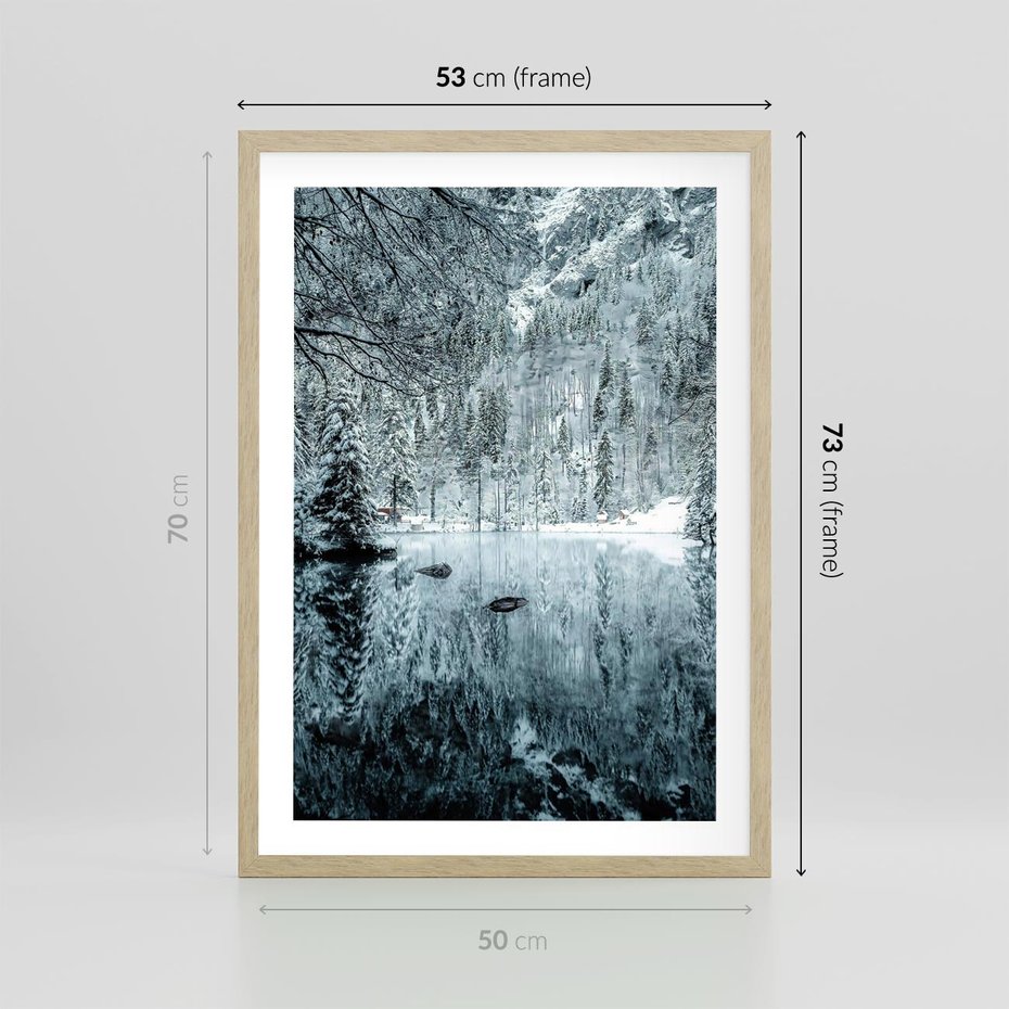 Plakat w ramie 50x70 - Zimowy Raj - zimowy górski krajobraz, jezioro w górach - rama drewno
