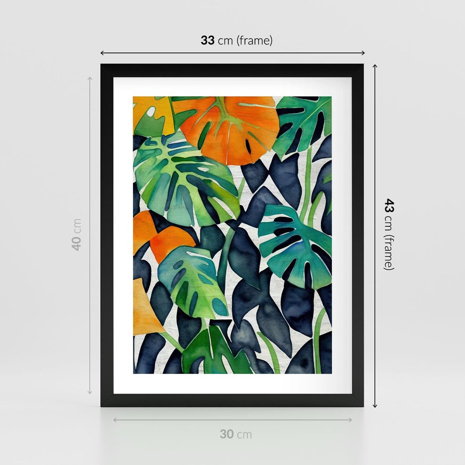 Plakat w ramie 30x40 - Tropikalne Pragnienia - akwarela, liście tropikalne - rama czarna
