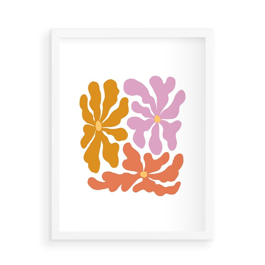 Plakat w ramie 50x70 - Rozbijające Refleksje - abstrakcyjne kolorowe kwiaty, minimlizm - rama biała