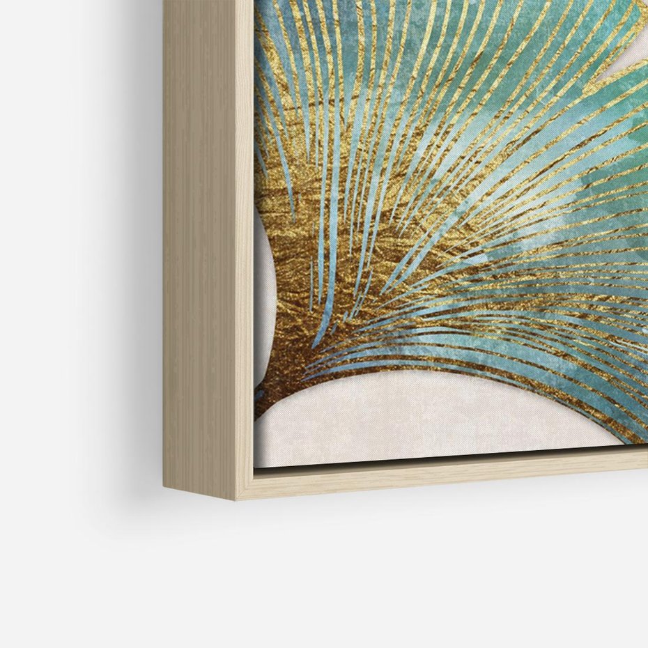 Obraz w ramie 100x70 - Złota Melodia Liści - złote, turkusowe liście miłorzębu - rama drewno