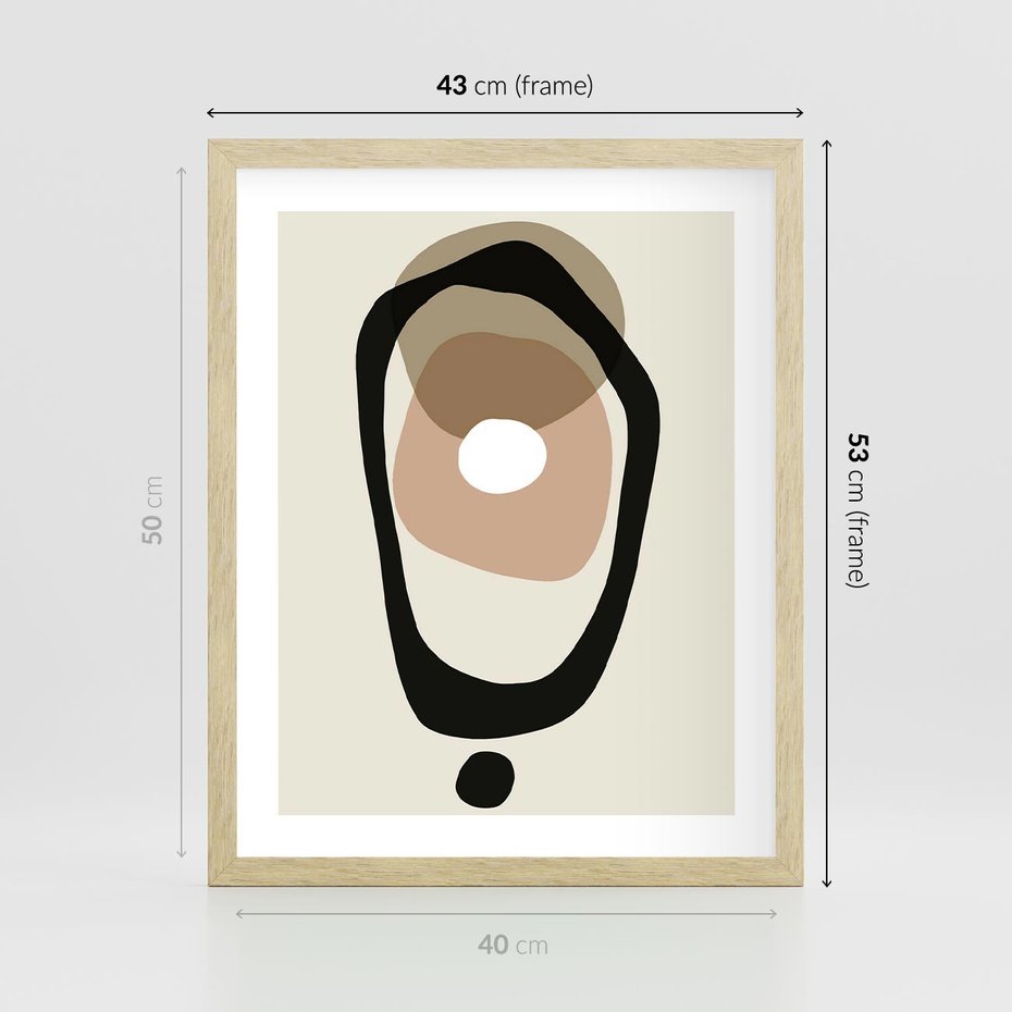 Plakat w ramie 40x50 - Intrygujące Zaskoczenia - beżowa abstrakcyjna kompozycja, czarny akcent - rama drewno