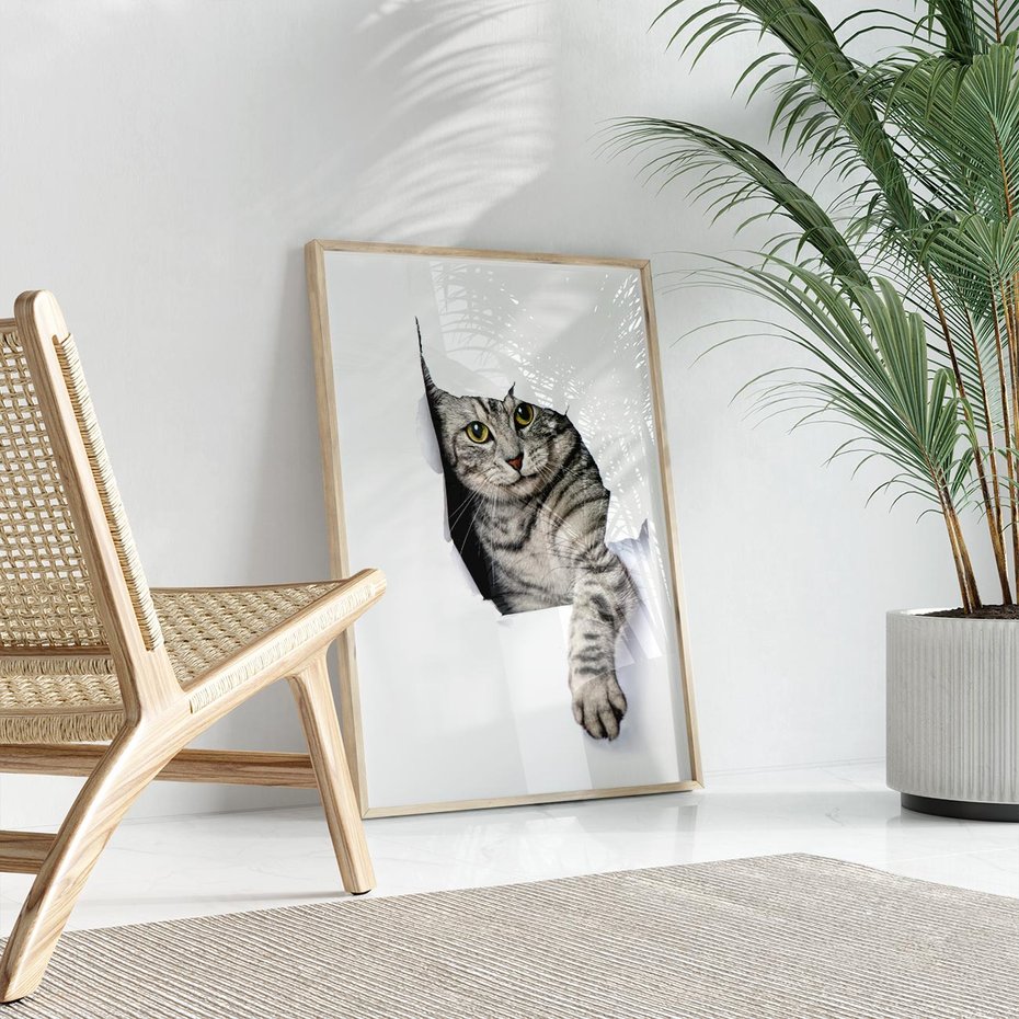 Plakat w ramie 50x70 - Tajemniczy kot i jego świat - kot, dziura - rama drewno