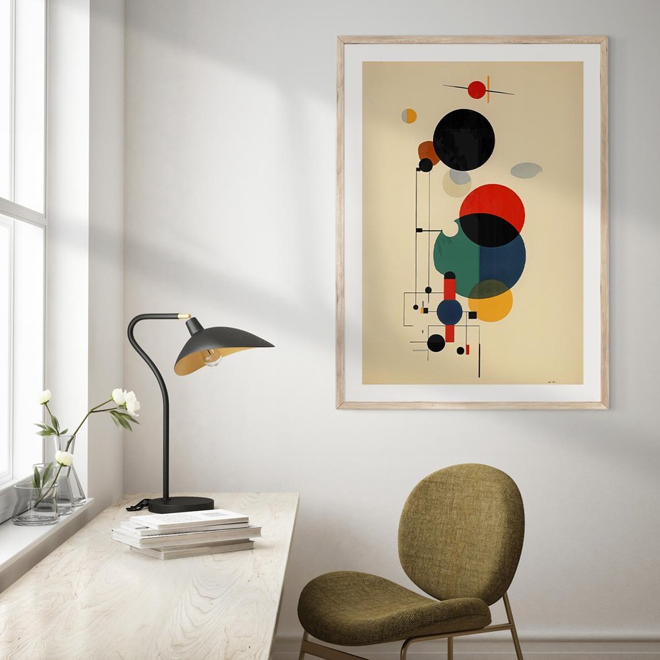 Plakat w ramie 40x50 - Migocące Impresje Odniesień - abstrakcyjna geometryczna kompozycja, koła linie - rama drewno