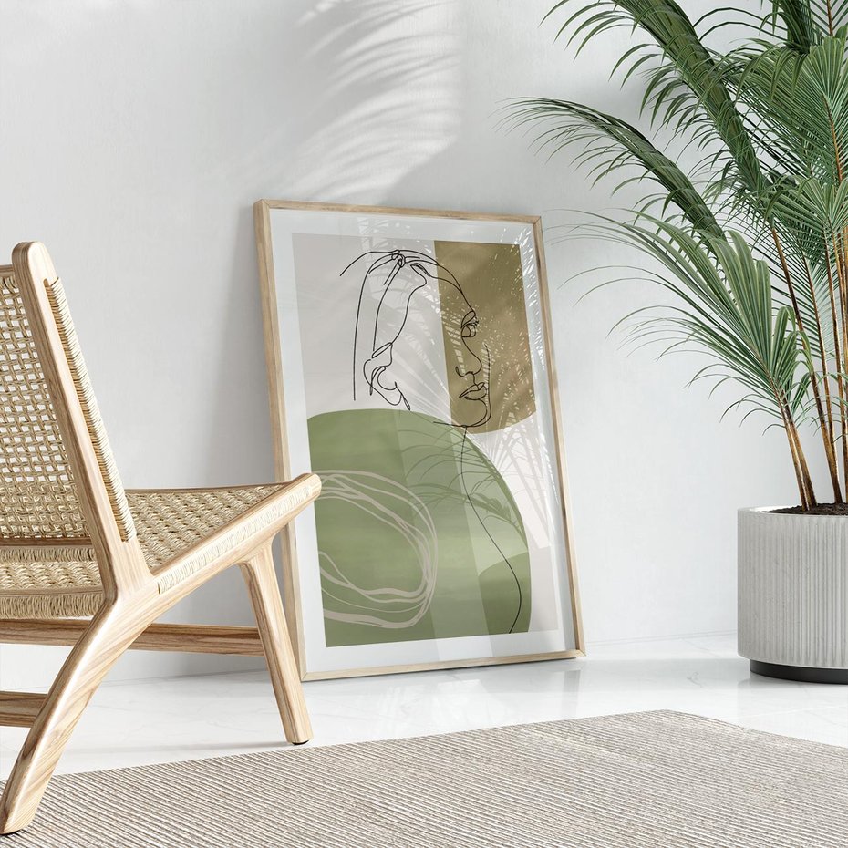 Plakat w ramie 50x70 - Jedna Linia, Wiele Emocji - akwarelowe plamy, na nich szkic postaci kobiety jedną linią - rama drewno