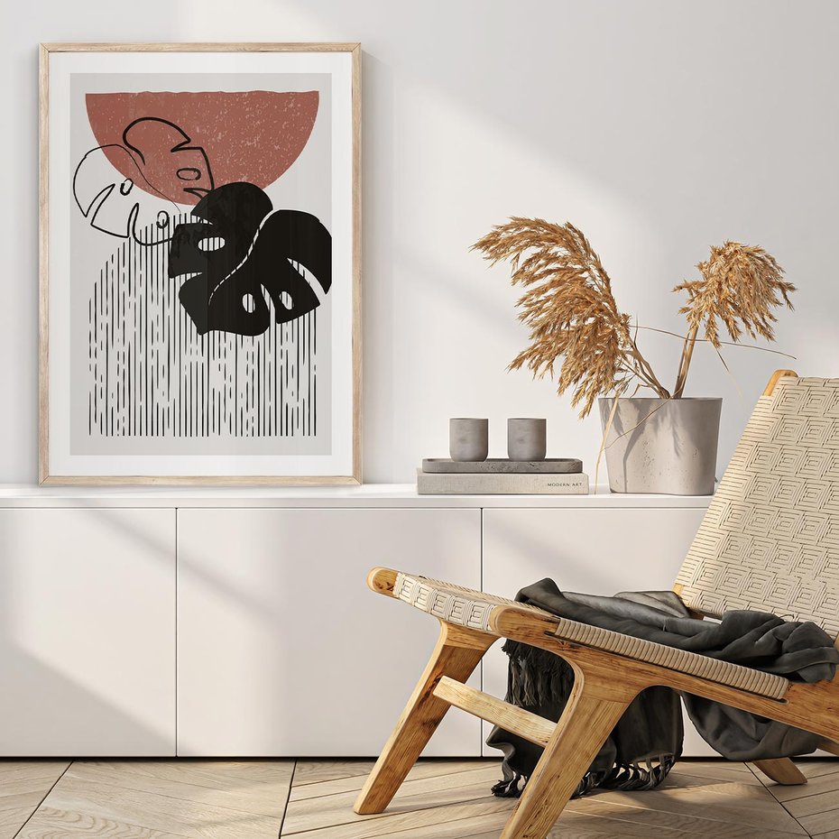 Plakat w ramie 50x70 - Nowoczesna Monstera: Szkic w Grafice - nowoczesna grafika, monstera - rama drewno