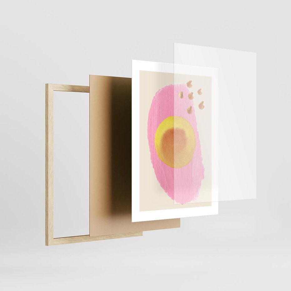 Plakat w ramie 30x40 - Migotliwe Dziwne Ścieżki - abstrakcyjna różowa plama, akwarela - rama drewno