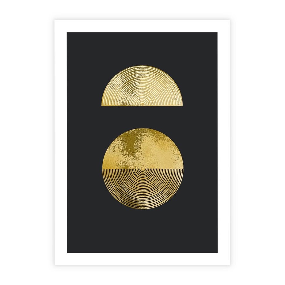 Plakat bez ramy 21x30 - Migotliwe Przeniknięcia - złote koła, czarne tło