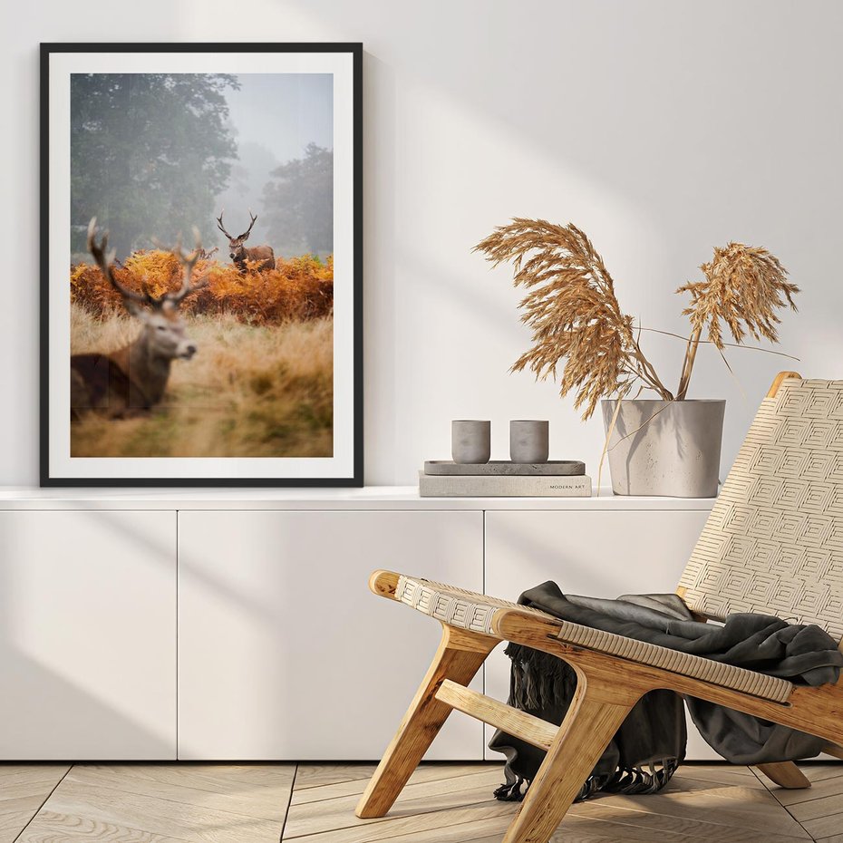 Plakat w ramie 50x70 - Malownicza Harmonia - jelenie, jesień - rama czarna