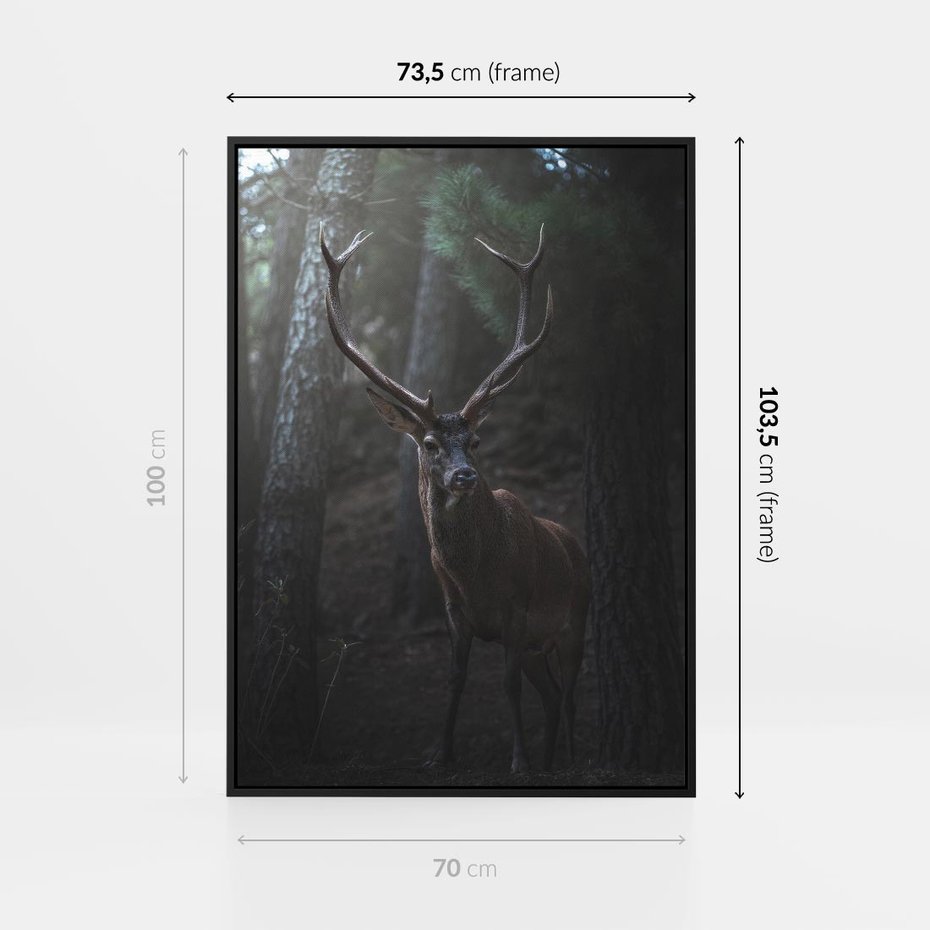 Obraz w ramie 70x100 - Jeleń wśród lasu - jeleń, las - rama czarna