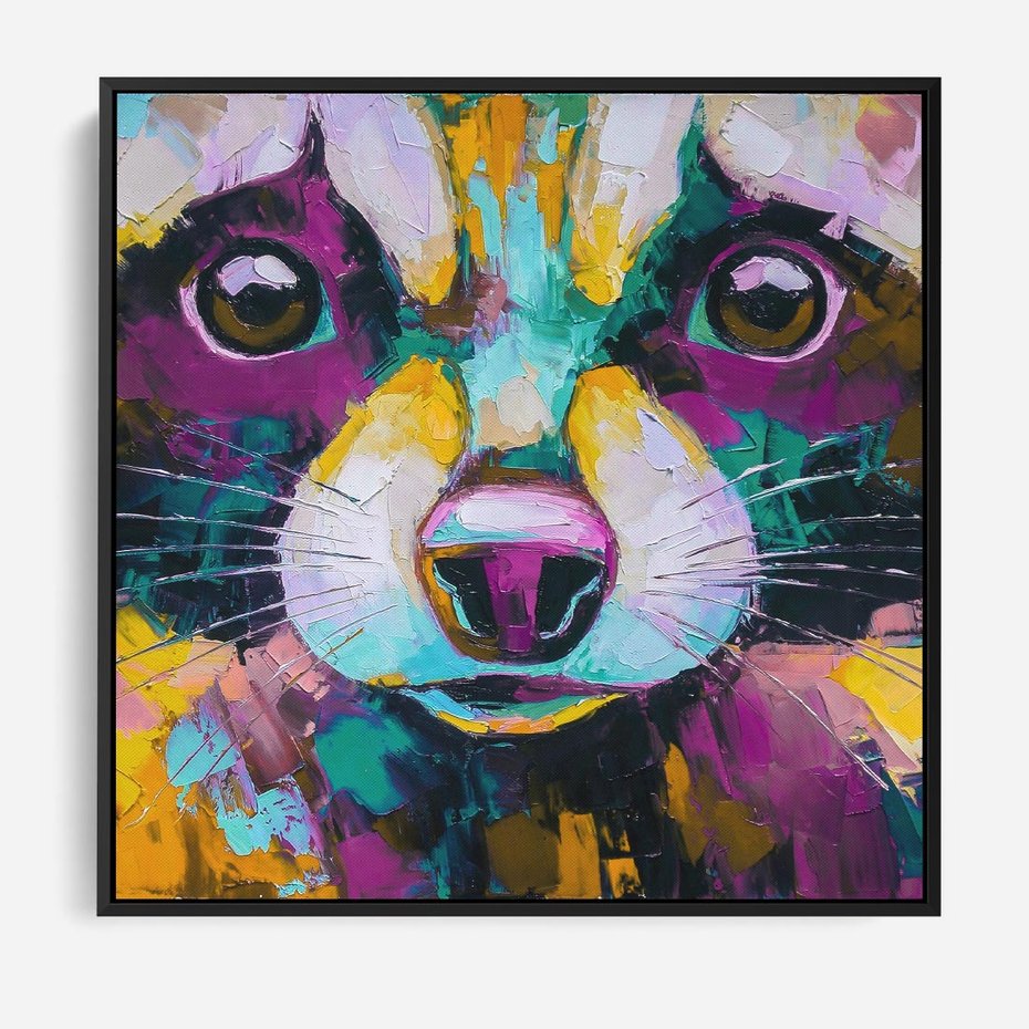 Obraz w ramie 50x50 - Przebudzenie snu artysty - zbliżenie, kolorowy portret szopa pracza - rama czarna