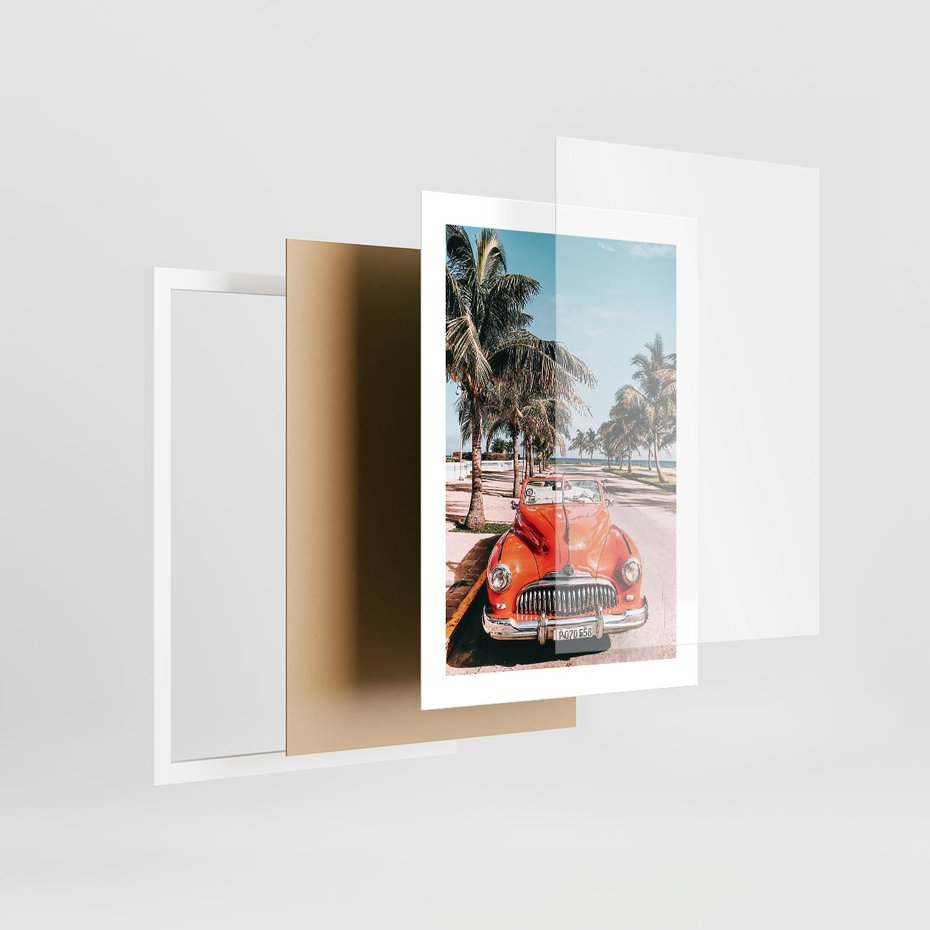 Plakat w ramie 30x40 - Retro Przejażdżka - pomarańczowy retro samochód, kabriolet - rama biała