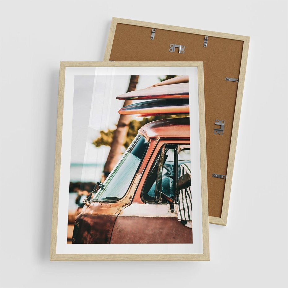 Plakat w ramie 50x70 - Surfingowa Wolność - samochód, stary van - rama drewno