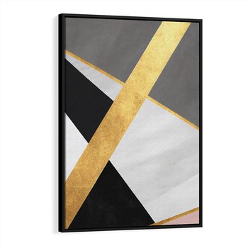 Obraz w ramie 70x100 - Pudrowe Abstrakcyjne Lustra - złote abstrakcyjne linie, szarość - rama czarna