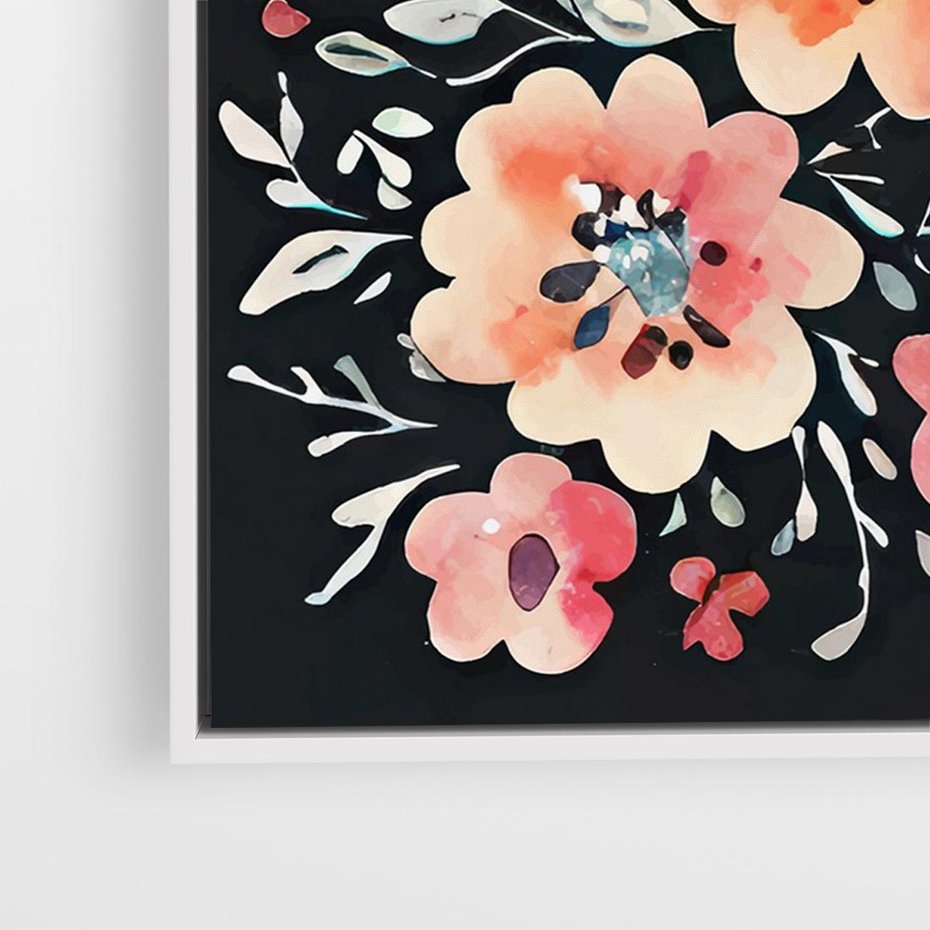 Obraz w ramie 100x70 - Labirynty melancholii - akwarelowe, pastelowe kwiaty na czarnym tle - rama biała