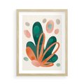 Plakat w ramie 50x70 - Harmonia bez Harmonii - akwarelowe abstrakcyjne kształty, zieleń i pomarańcz - rama drewno