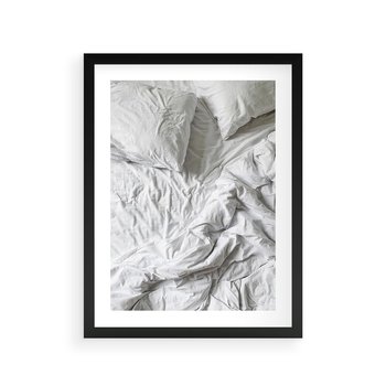 Plakat w ramie 40x50 - Biała Pościel na Łóżku - biała pościel, łóżko - rama czarna