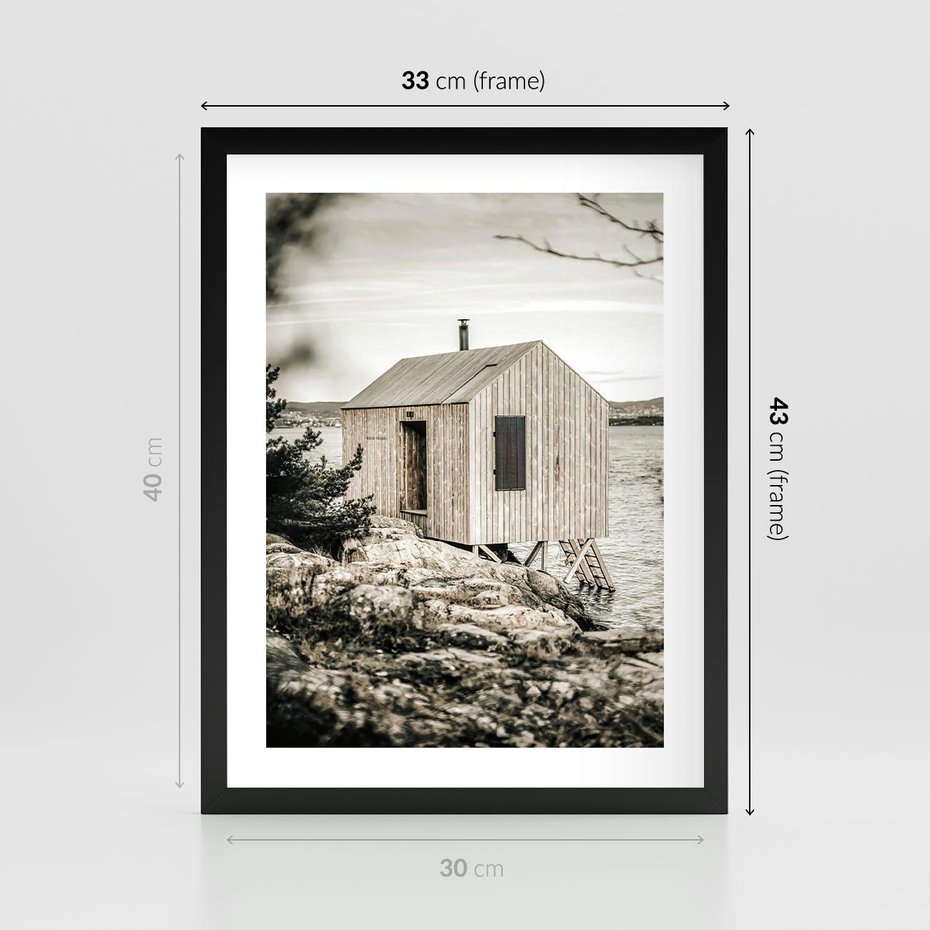 Plakat w ramie 30x40 - Nostalgiczna Oaza - rustykalny domek, domek nad jeziorem - rama czarna