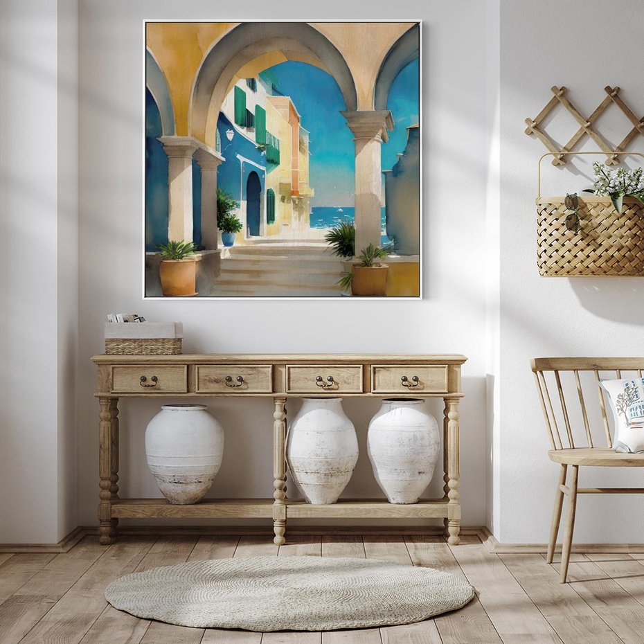 Obraz w ramie 80x80 - Nadmorskie Łuki - akwarela, śródziemnomorski klimat - rama biała