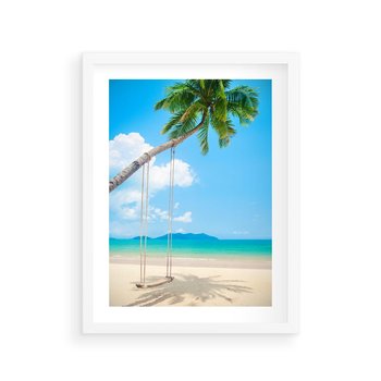Plakat w ramie 30x40 - Hawajska palma i huśtawka na plaży - palma, huśtawka - rama biała